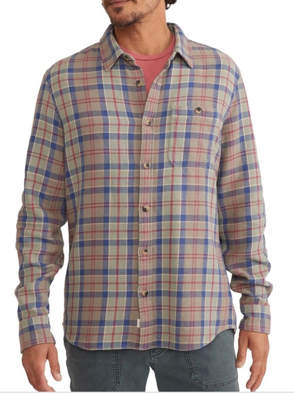 Marine Layer Long Sleeve Plaid Flannel Twill Shirt, 100% Cotton, Men's Medium